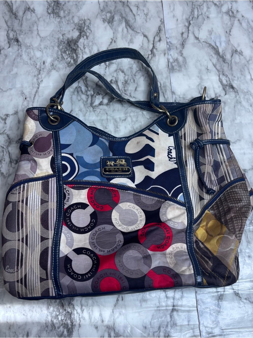 Coach Patchwork Y2K Shoulder Bag Purse multicolor Navy Red Gray Cream retro